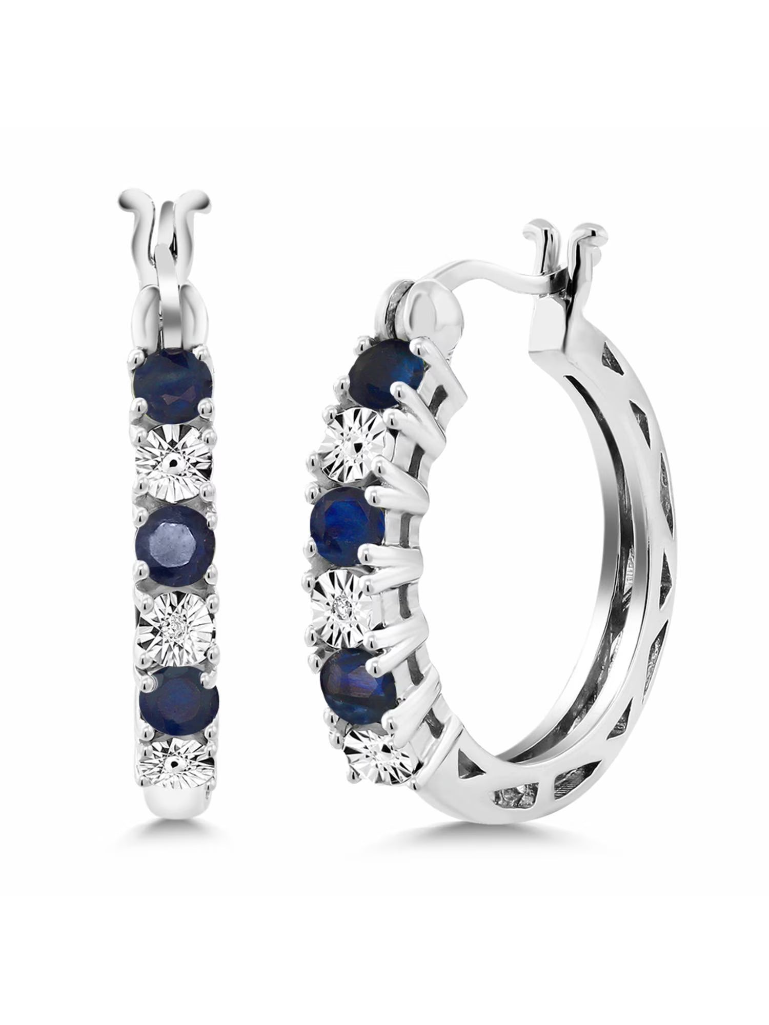 925 Sterling Silver Blue Sapphire Hoop Earrings Y7543