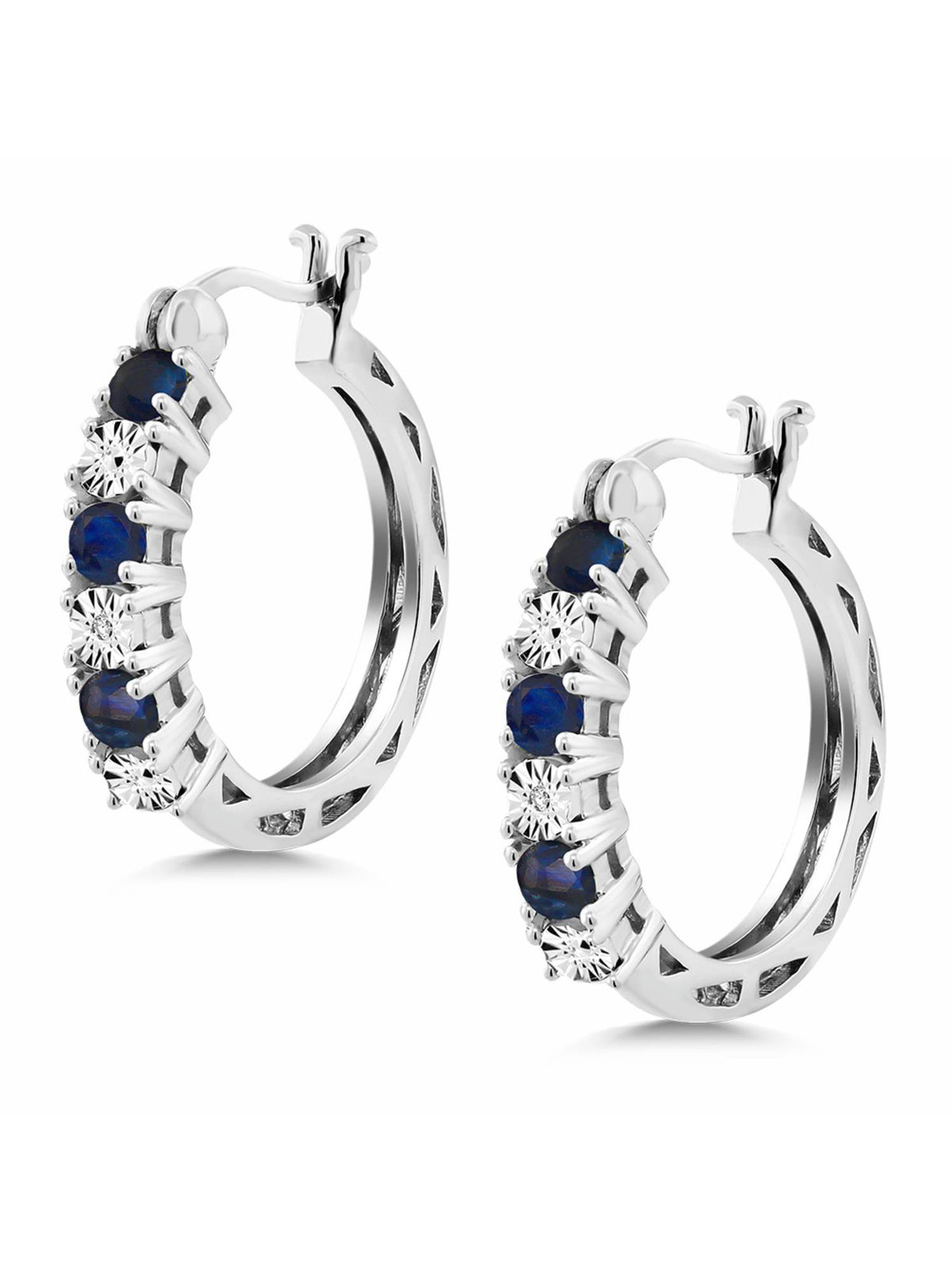 925 Sterling Silver Blue Sapphire Hoop Earrings Y7543