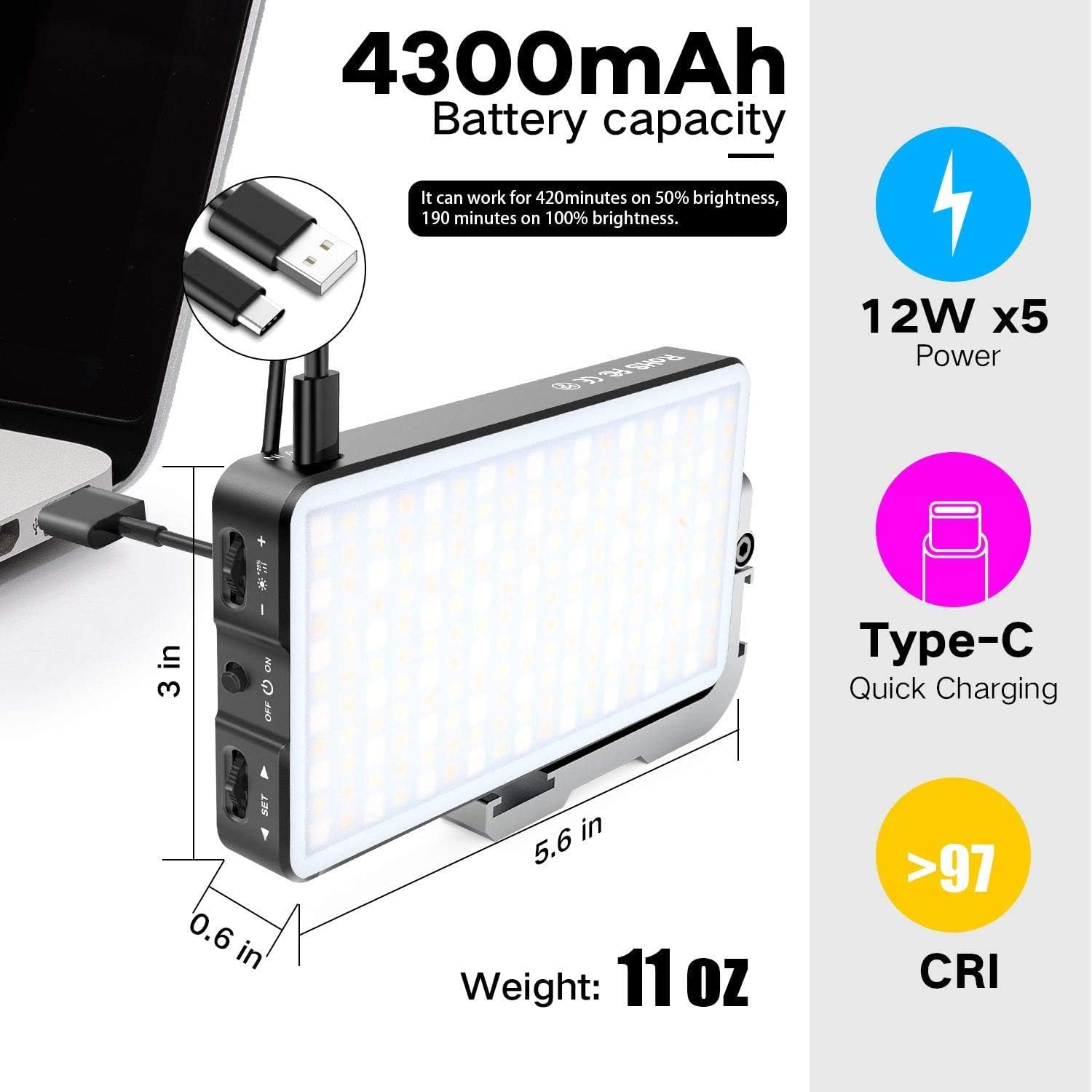 RGB Portable On Camera Light with 4300mAh Lithium Battery O10856