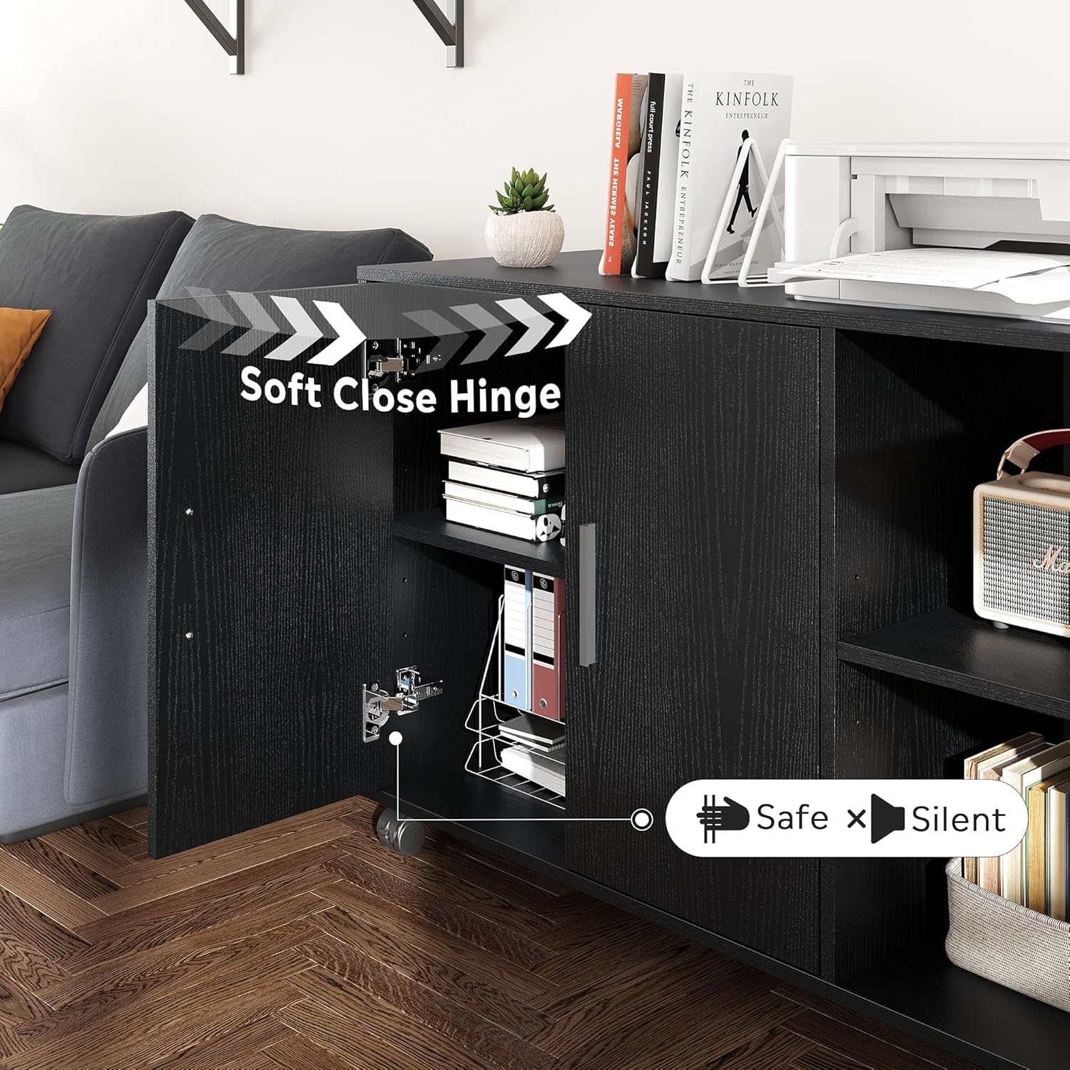 Black Wood Filing Cabinet with Adjustable Shelves on Lockable Wheels U394417