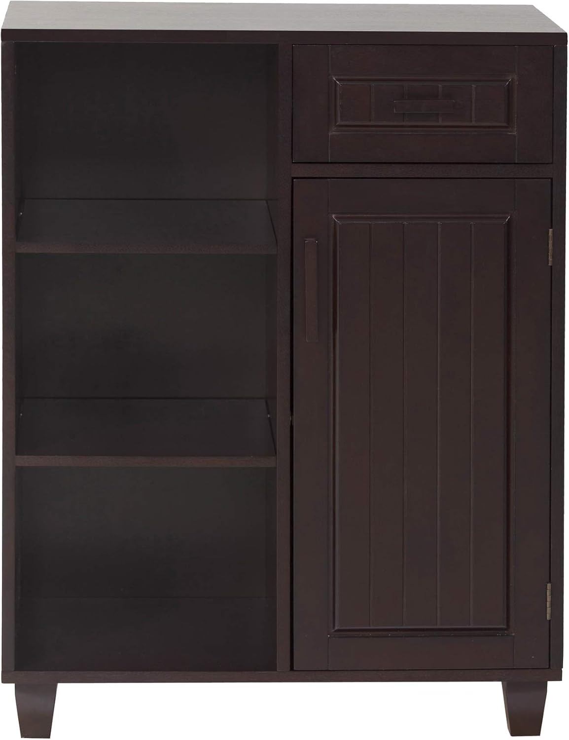 Espresso Wooden Freestanding Floor Cabinet with 3 Open Shelves 1 Drawer 1 Door Q371