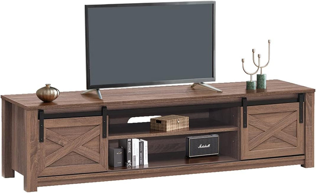 Brown Wooden TV Stand with Storage Cabinet & Sliding Barn Doors V7748