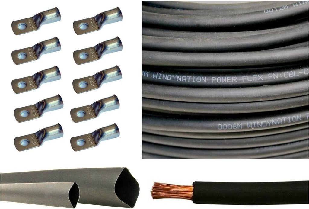 6 Gauge 25 Feet Red + 25 Feet Black Pure Copper Flexible Cable + 10pcs 3/8 Tinned Copper Cable Lug Terminal Connectors + 3 Feet Black Heat Shrink Tubing N255