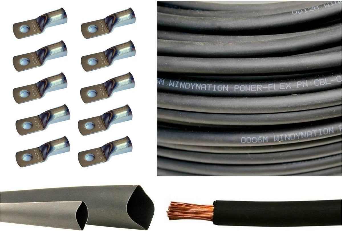 6 Gauge 25 Feet Red + 25 Feet Black Pure Copper Flexible Cable + 10pcs 3/8 Tinned Copper Cable Lug Terminal Connectors + 3 Feet Black Heat Shrink Tubing N255