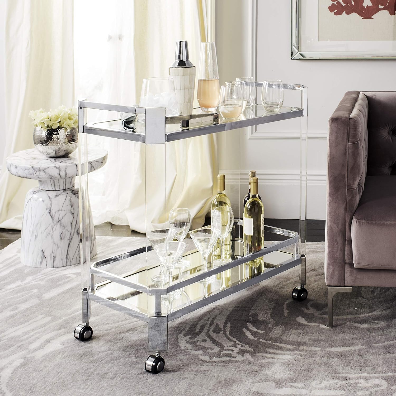 Clear Silver Glass Bar Cart V41870