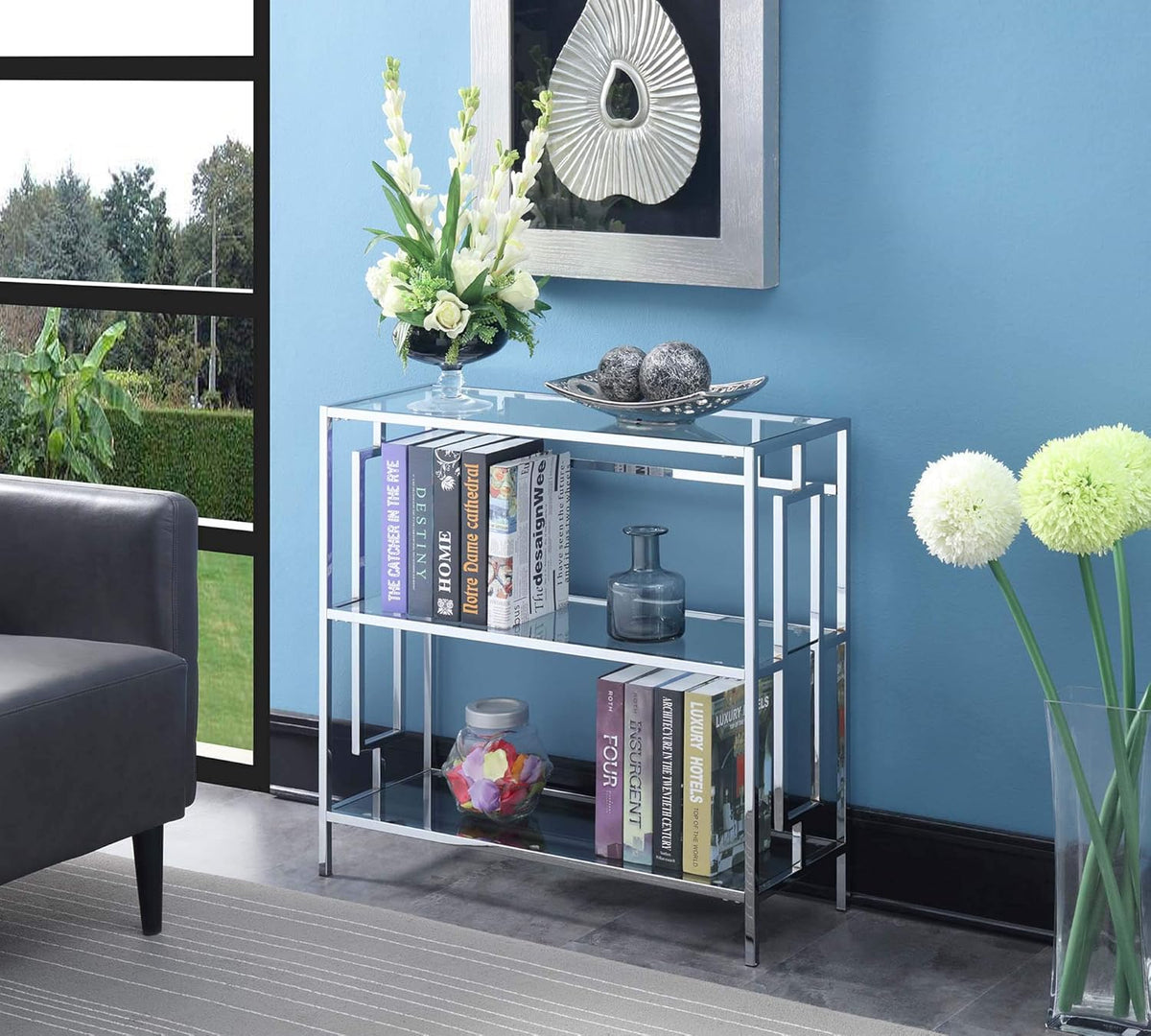 3-Tier Bookcase with Clear Glass and Chrome Frame X8253
