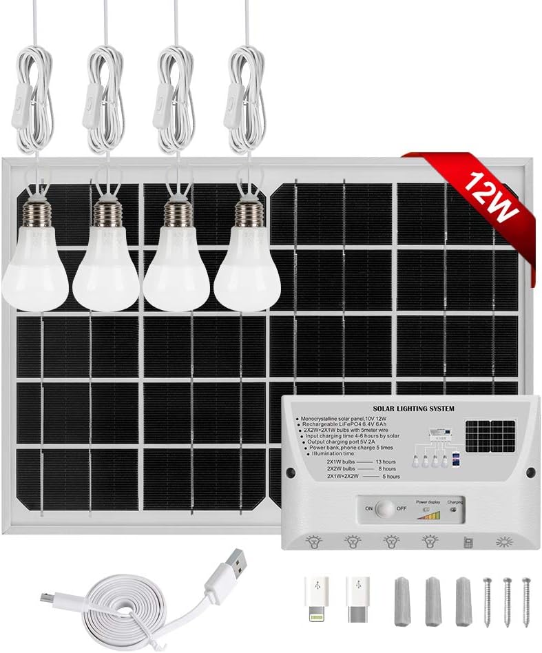 Solar Pendant Lighting System with Cell Phone Charger, 12W Solar Panel with 4 Bulbs Solar Lighting Kit I42962