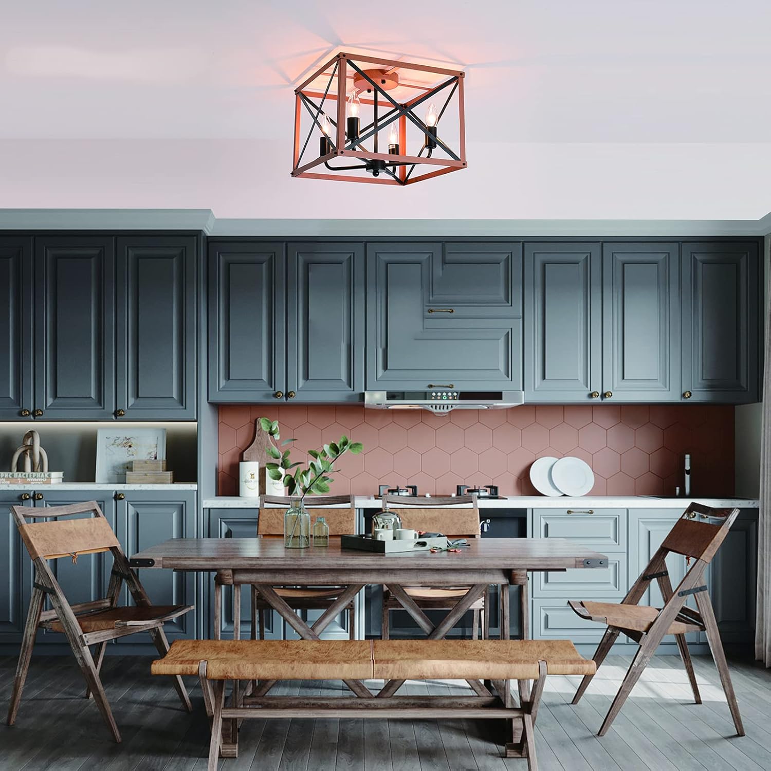Retro Semi Flush Mount 4-Light Rectangle Wood Ceiling Light Fixture J903