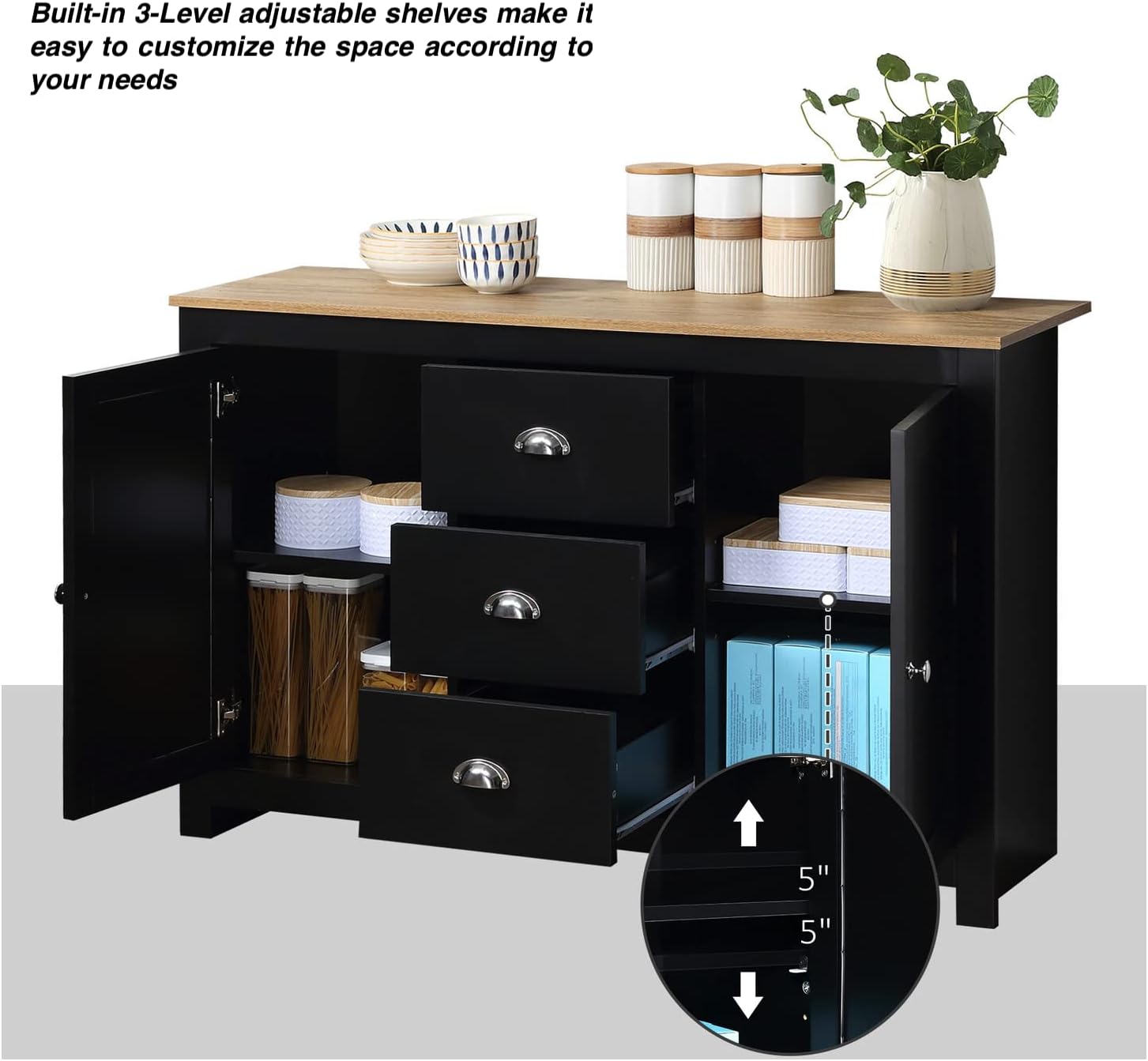 Black Kitchen Sideboard Buffet Storage Cabinet with 2 Side Cabinets 3 Drawers P612