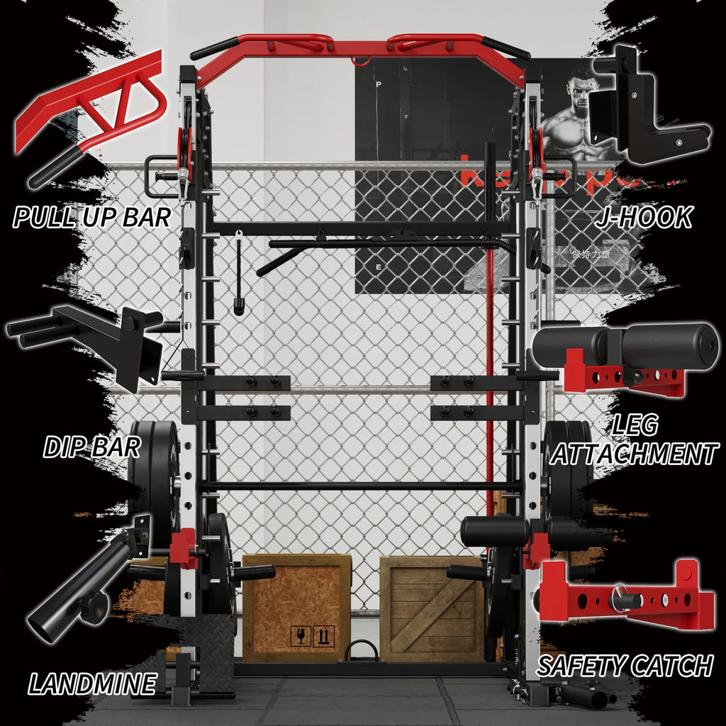 Smith Machine Power Rack Cage with Weight Bench and Cable Crossover System G901