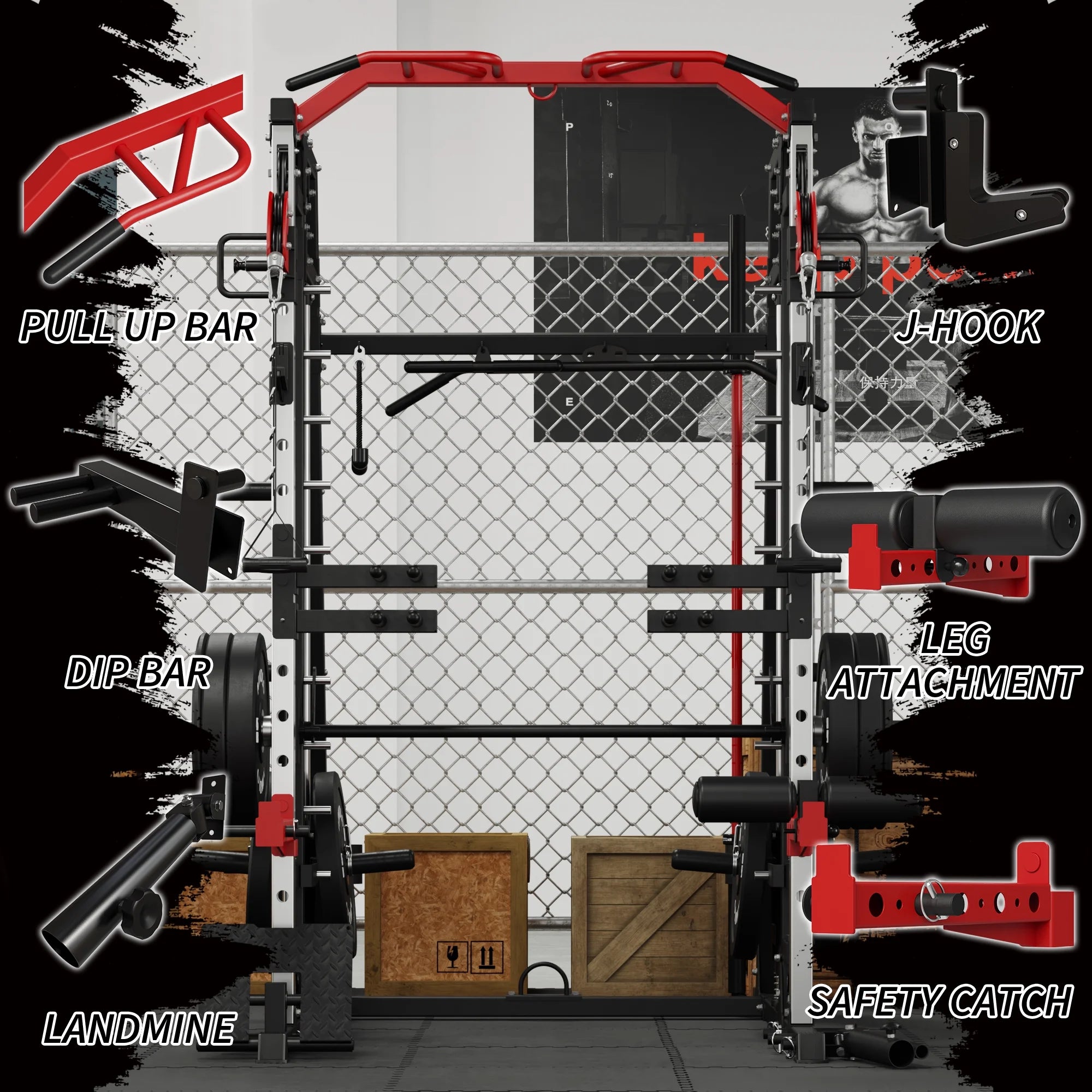 Smith Machine Power Rack Cage with Weight Bench and Cable Crossover System G901