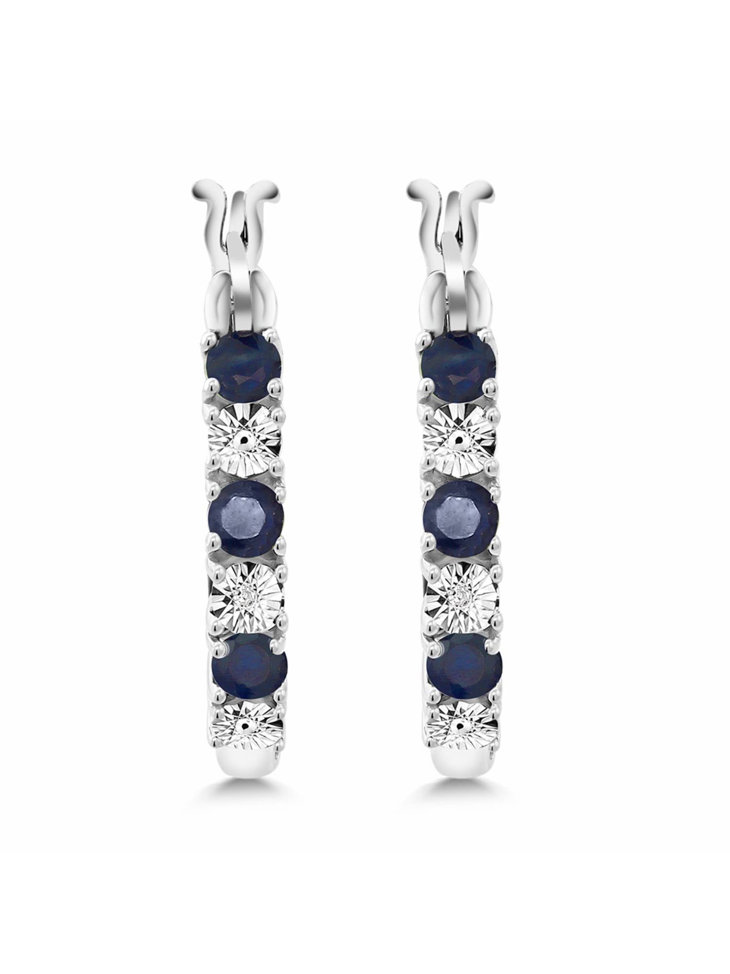 925 Sterling Silver Blue Sapphire Hoop Earrings Y7543