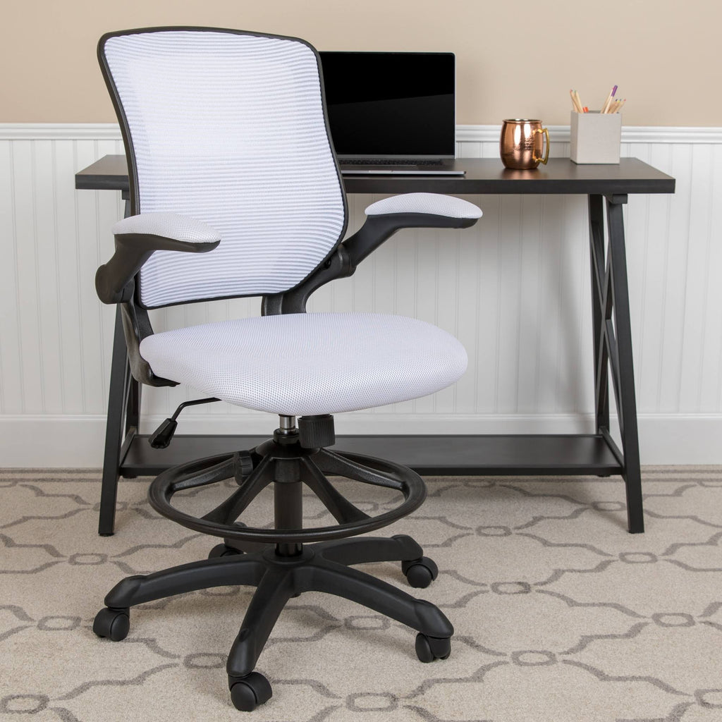 White Mesh Ergonomic Drafting Chair with Foot Ring and Flip-Up Arms P56858