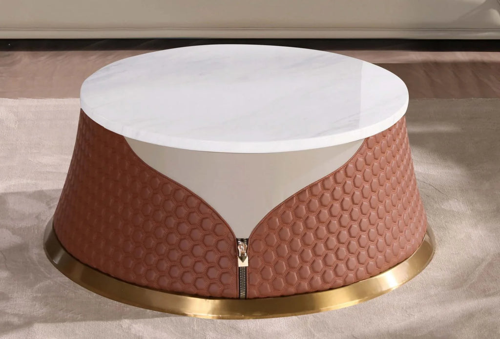 Sand Beige-Cognac Leather Coffee Table Set 2P P708