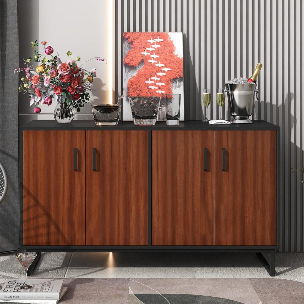 Black Accent Buffet Sideboard with Tempered Glass Console Table Sofa Table with Adjustable Shelves Cabinet G71711