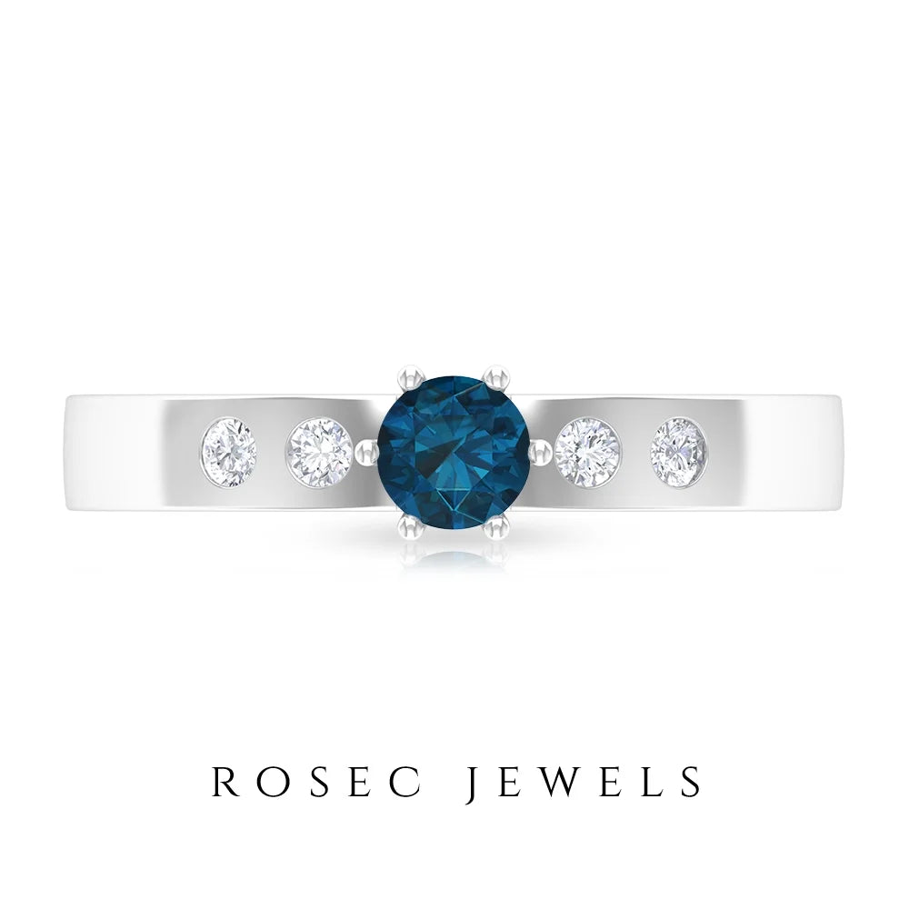 London Blue Topaz Solitaire and Diamond Ring, 925 Sterling Silver F44397