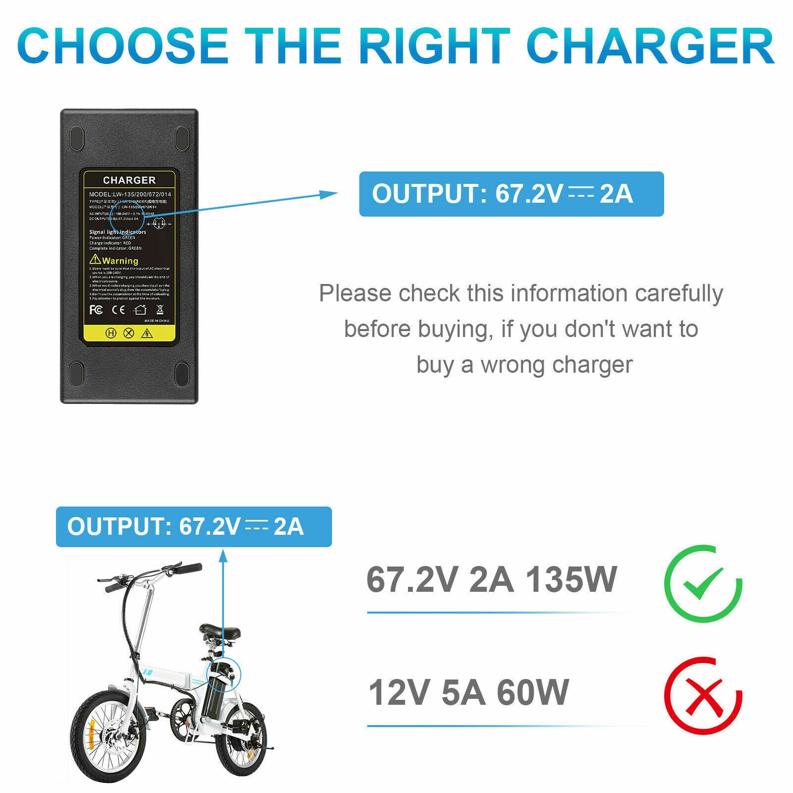 67.2V 2A T Plug Charger for 60V Li-ion Battery Electric Scooter E-bike Bicycle G71678