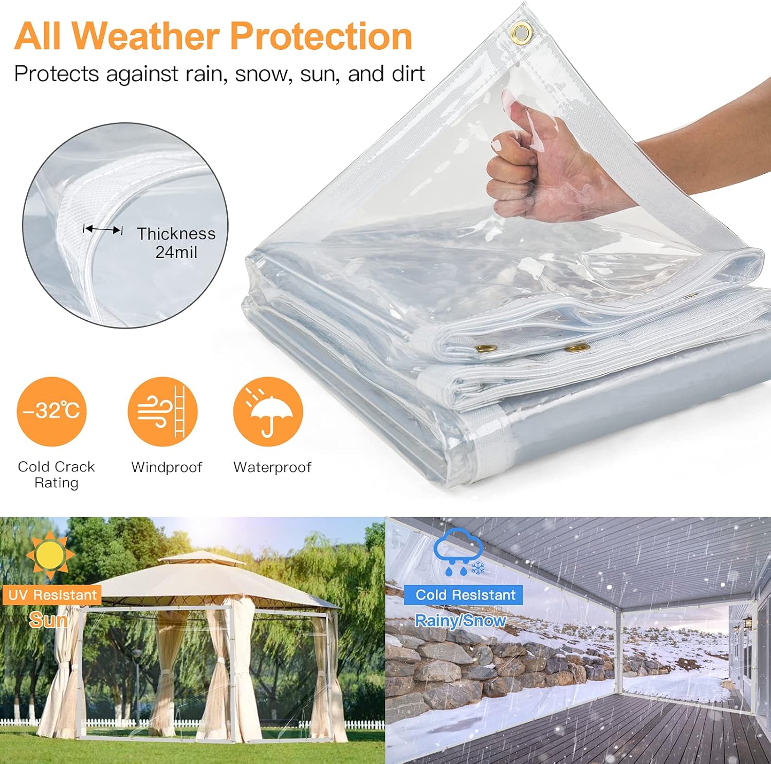 10 x 10FT Waterproof Transparent Vinyl Tarp with Grommets I300