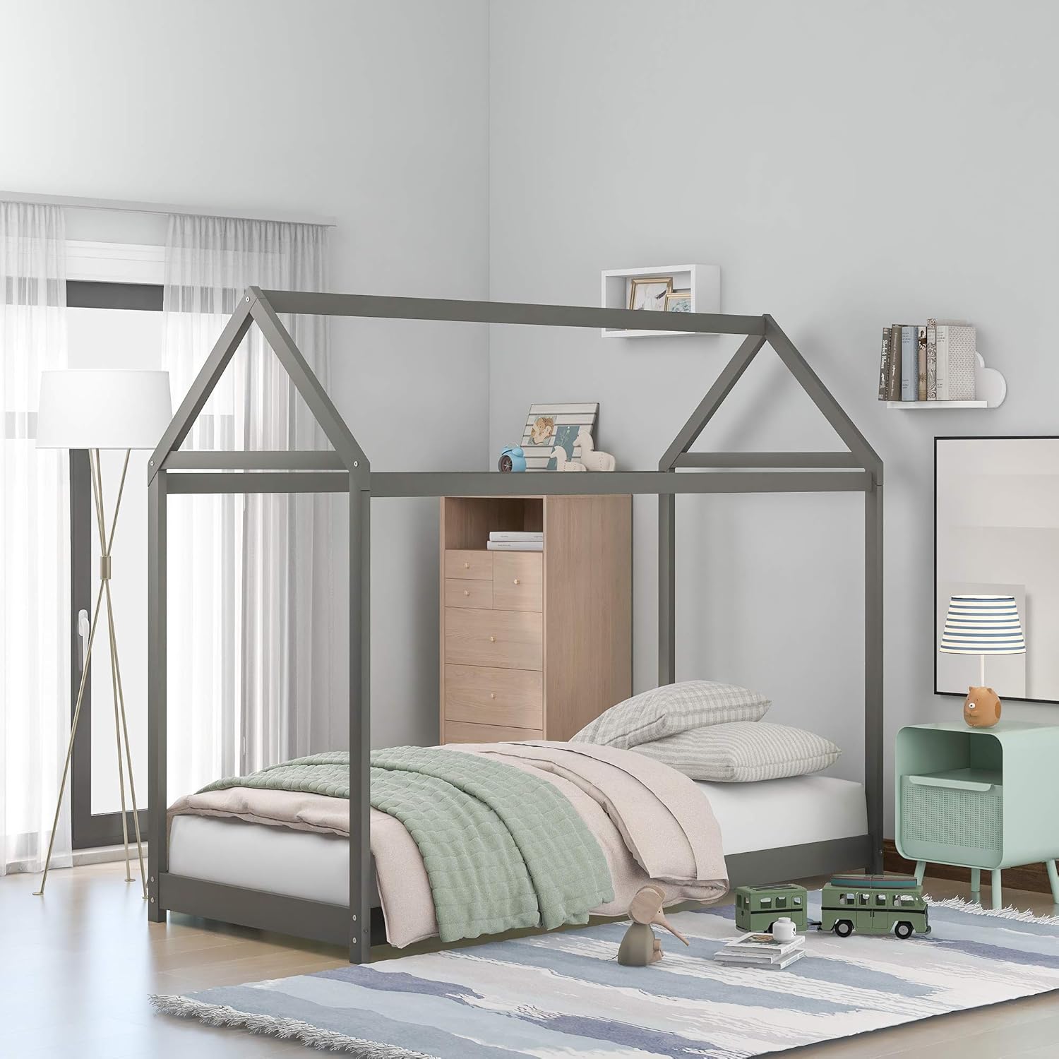 White Wood Twin Size House Bed Frame with Fence K1330
