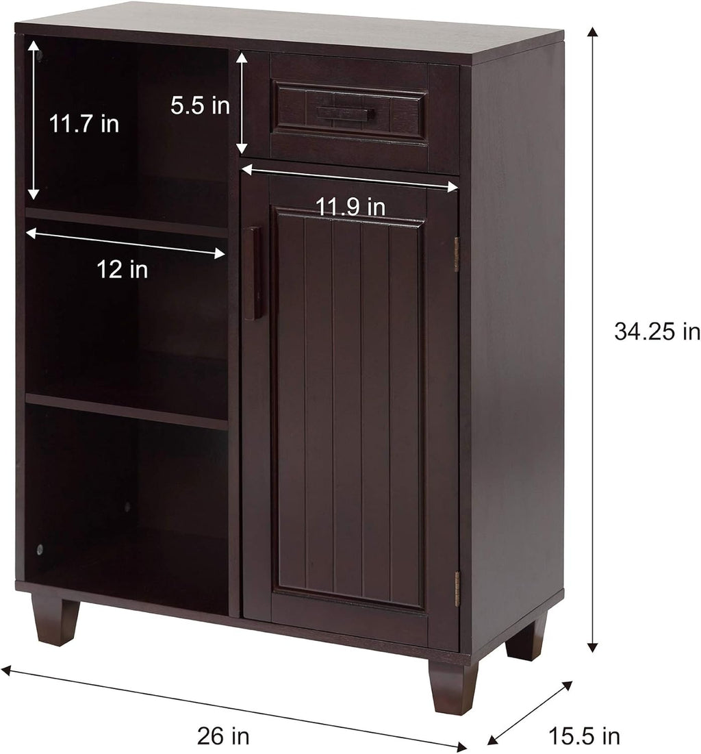 Espresso Wooden Freestanding Floor Cabinet with 3 Open Shelves 1 Drawer 1 Door Q371