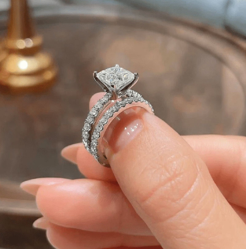 14K White Gold Plated Princess Cut Moissanite Engagement Ring Set U661237