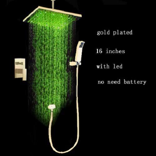 Gold 16 inch Rainfall LED Shower Head with Brass Handheld Shower U877