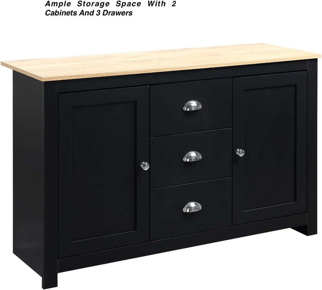 Black Kitchen Sideboard Buffet Storage Cabinet with 2 Side Cabinets 3 Drawers P612