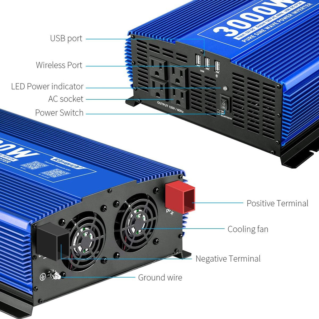 3000W Pure Sine Wave Power Inverter 12V DC to 110V AC Car Inverter with Bluetooth 4 AC Outlets 2 USB Ports H215601