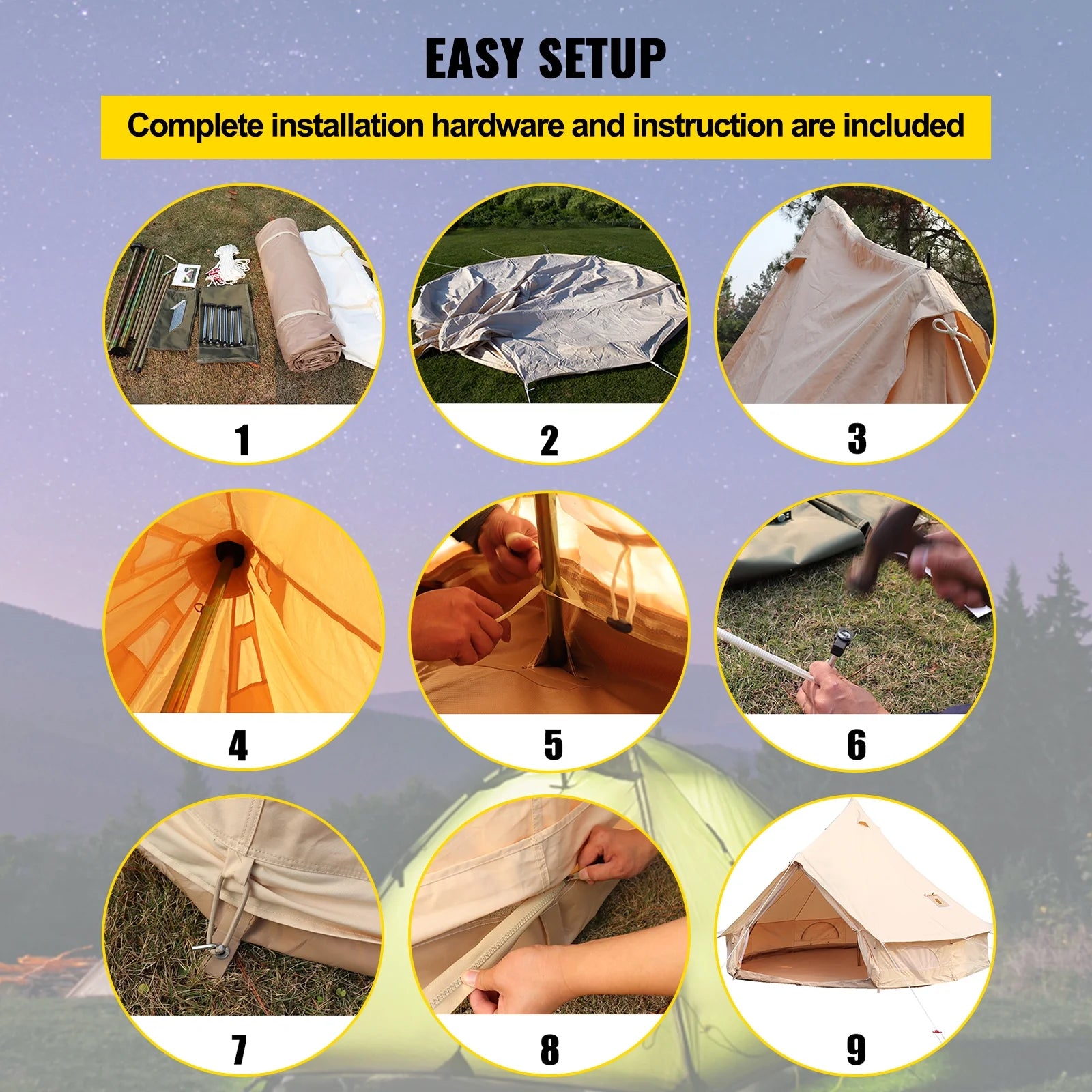 Canvas Bell Tent 16.4ft Cotton Canvas Tent with Wall Stove Jacket Waterproof Bell Tent D771089