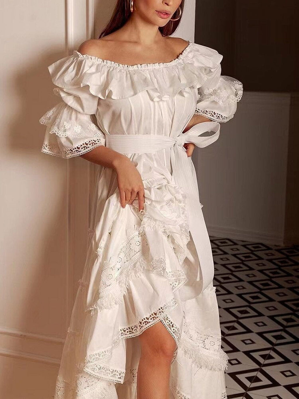 White Slash Neck Short Sleeve Long Dress L315985