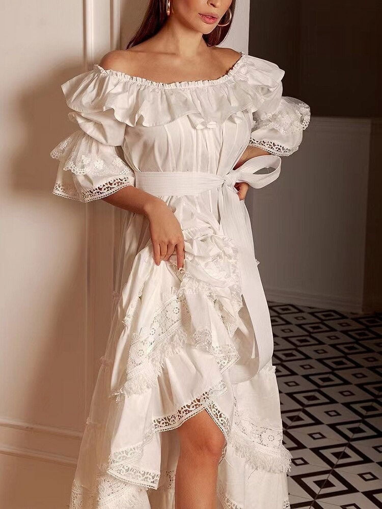 White Slash Neck Short Sleeve Long Dress L315985