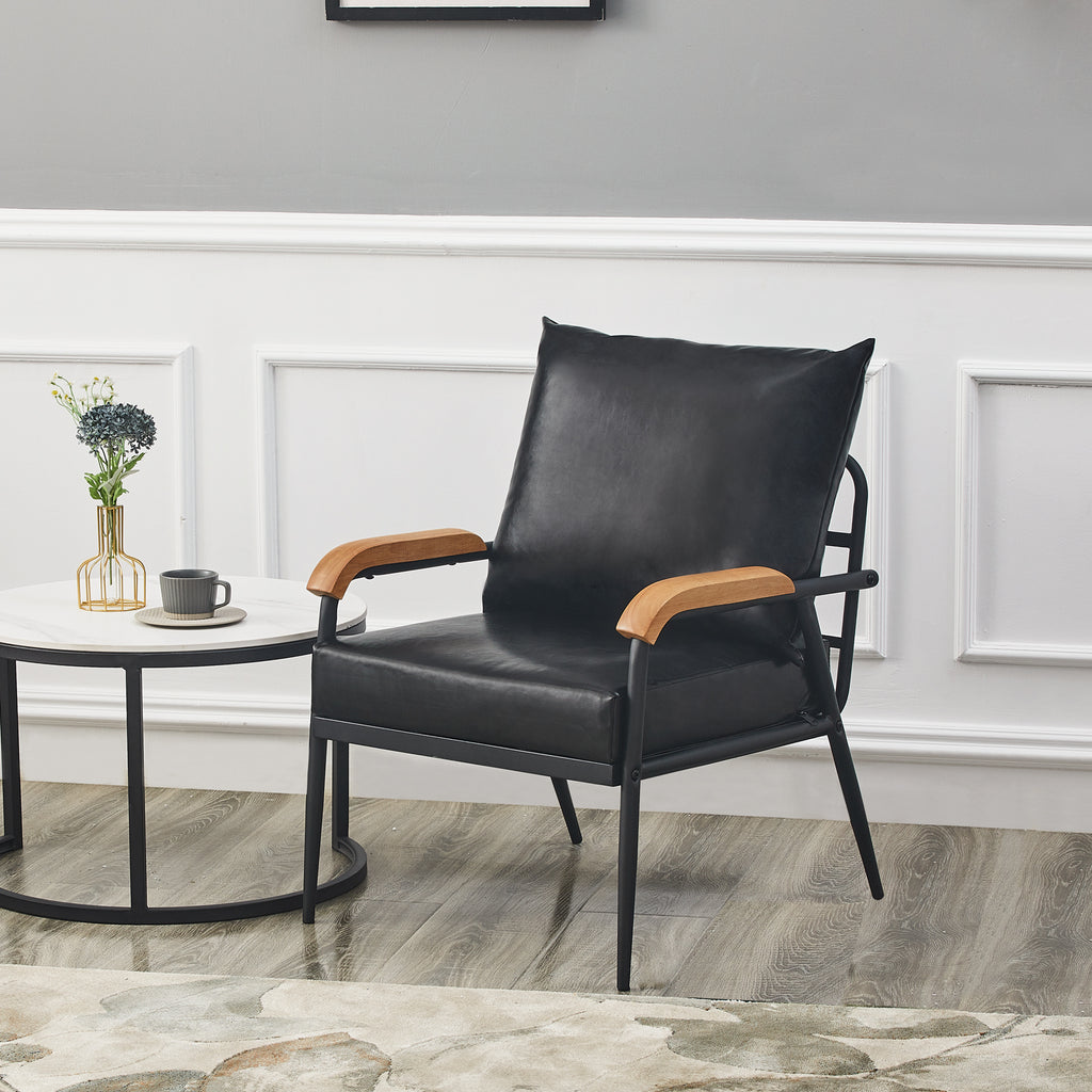 Black Faux Leather Single Sofa Couch with Solid Wood Armrest and Metal Frame L640818