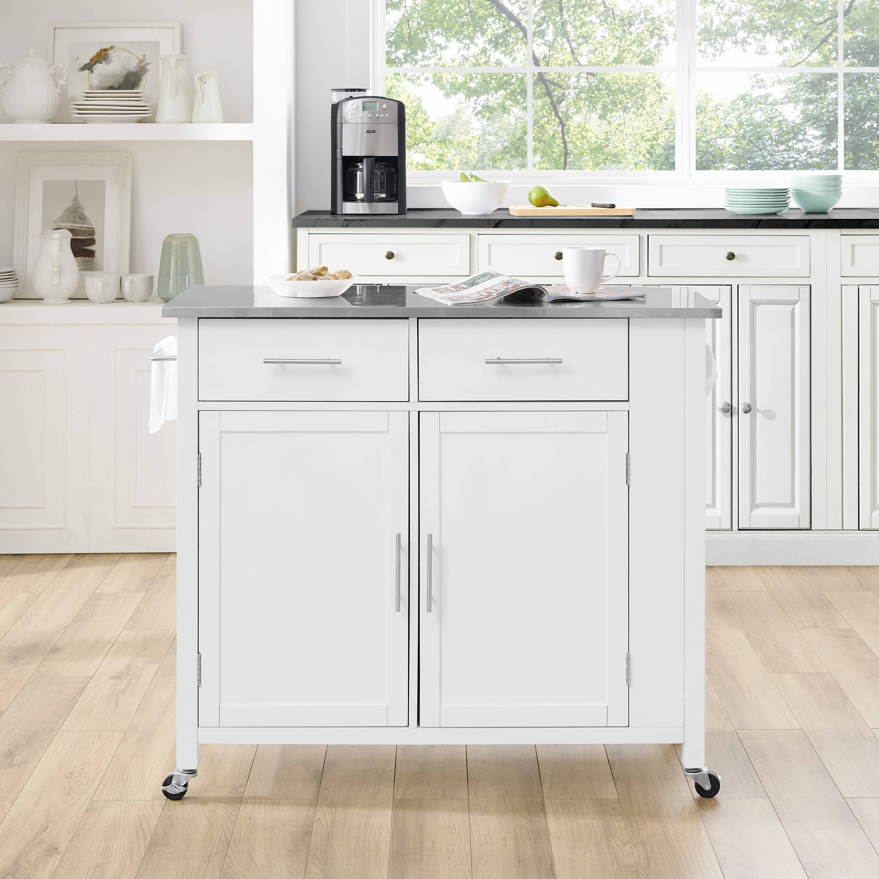 White Stainless Steel Top Full-Size Kitchen Island Cart L3084