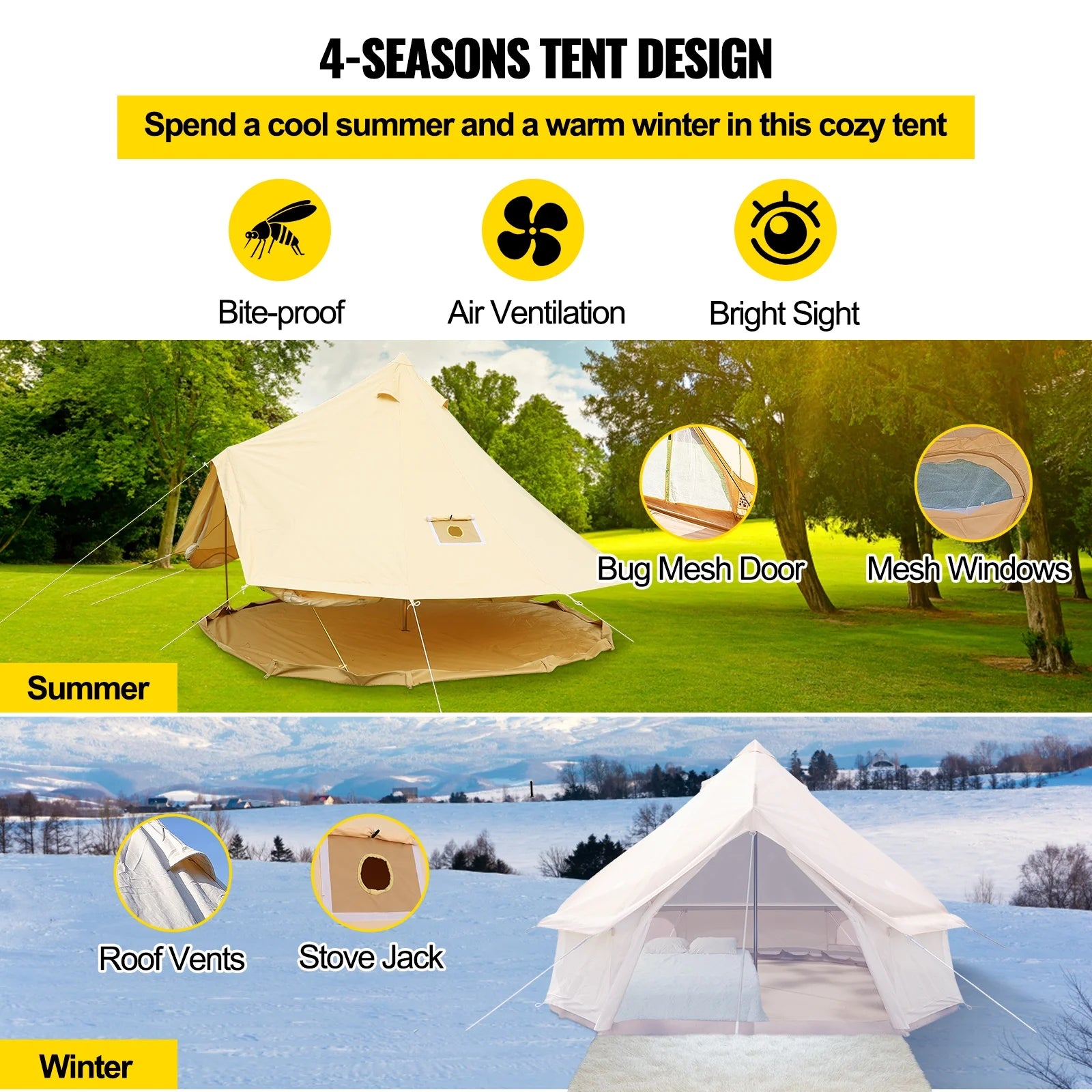 Canvas Bell Tent 16.4ft Cotton Canvas Tent with Wall Stove Jacket Waterproof Bell Tent D771089