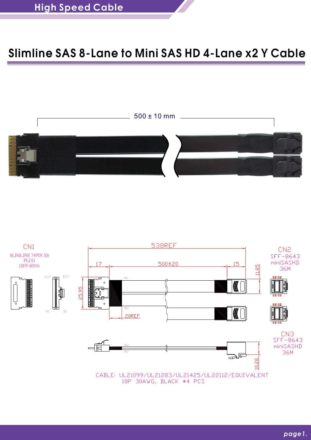 Slimline SAS 8-Lane to Mini SAS HD 4-Lane x2 Y Cable H908