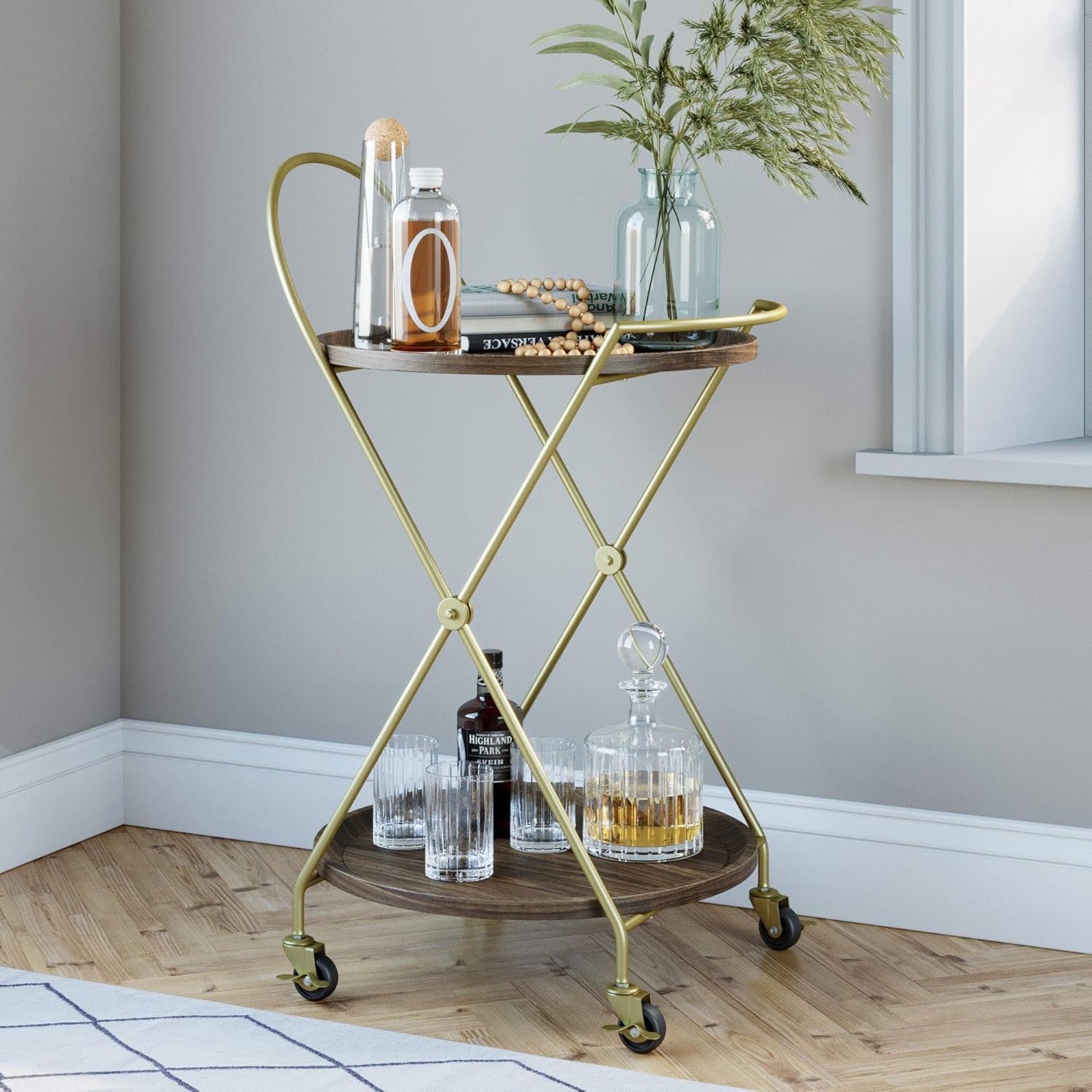 2-Tiered Rolling Serving Cart with Oak Wood Shelf M71838