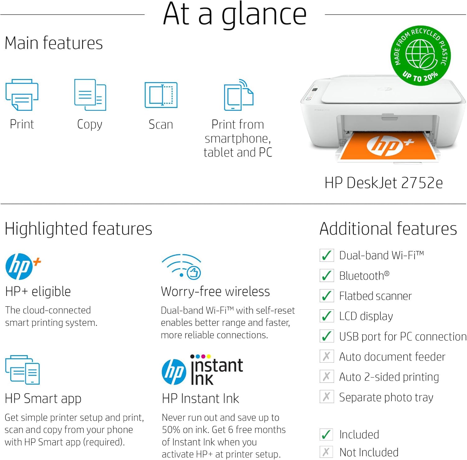 HP DeskJet 2752e All-in-One Wireless Color Inkjet Printer, White X52342