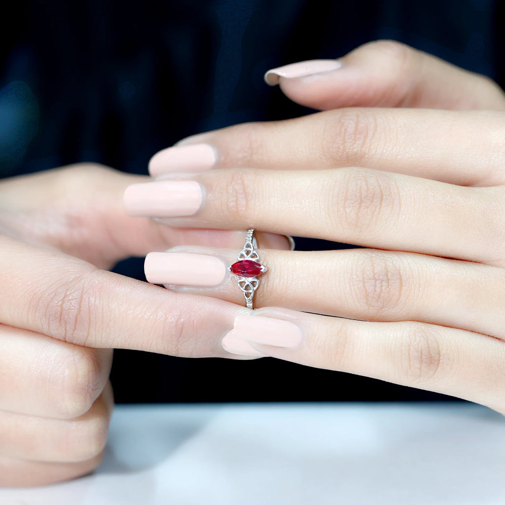 Marquise Shape Lab Grown Ruby Solitaire Ring with Diamond, 925 Sterling Silver, US 4.00 P3187