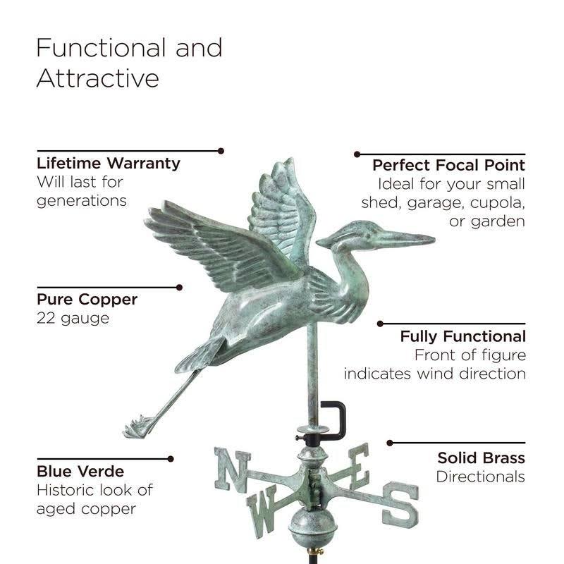 Blue Heron Garden Weathervane with Roof Mount, Blue Verde Copper F21886