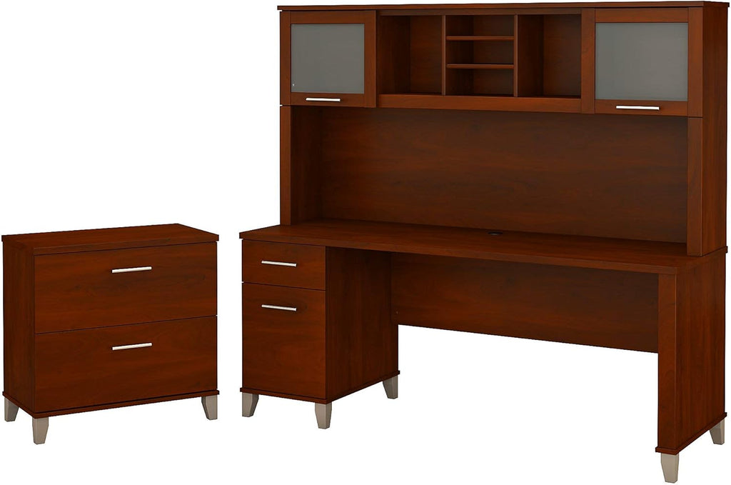 72W Hansen Cherry Office Desk with Hutch and Lateral File Cabinet A923271