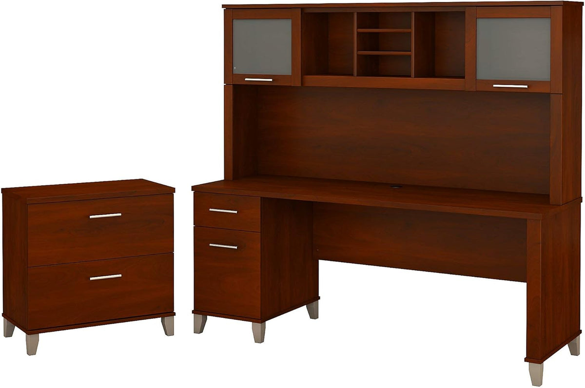 72W Hansen Cherry Office Desk with Hutch and Lateral File Cabinet A923271