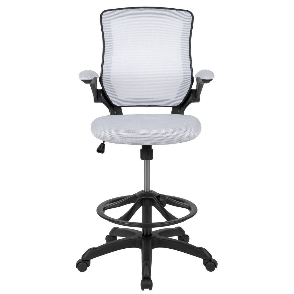 White Mesh Ergonomic Drafting Chair with Foot Ring and Flip-Up Arms P56858