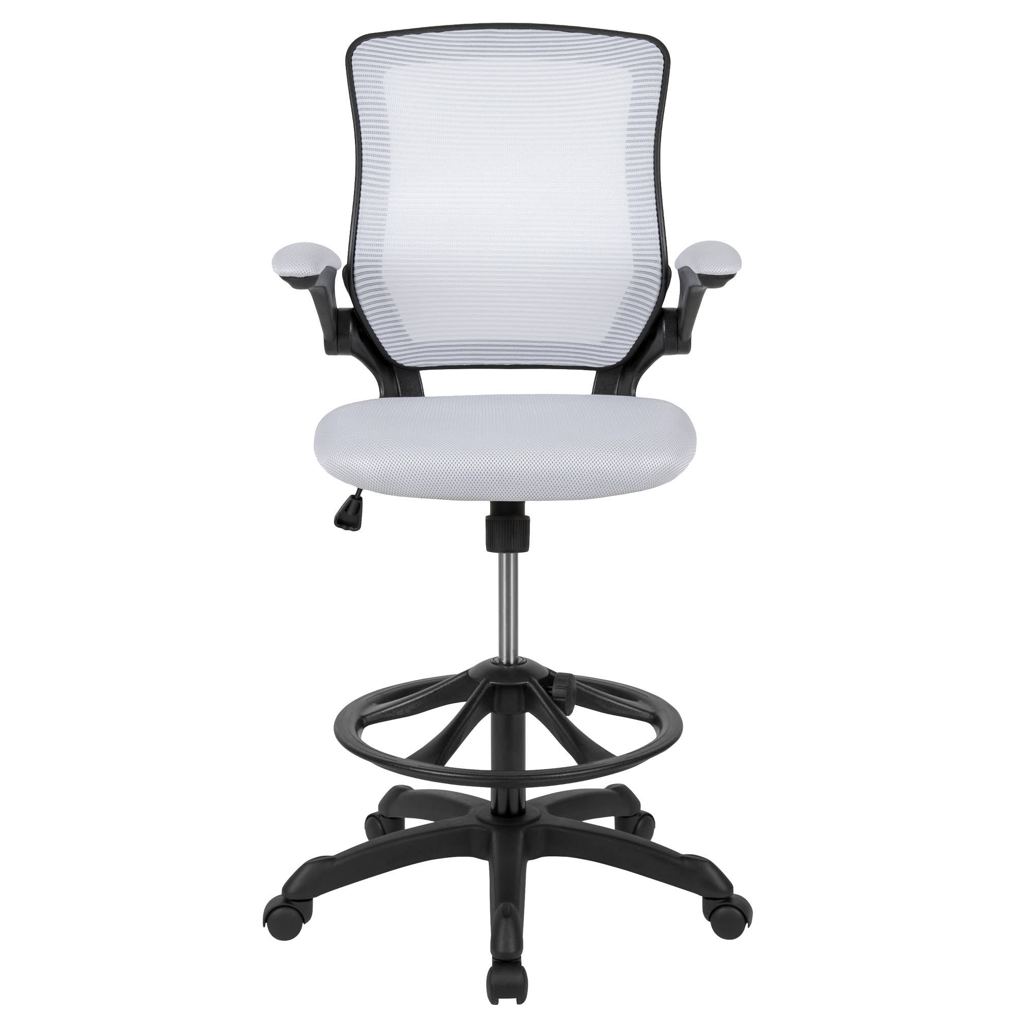 White Mesh Ergonomic Drafting Chair with Foot Ring and Flip-Up Arms P56858