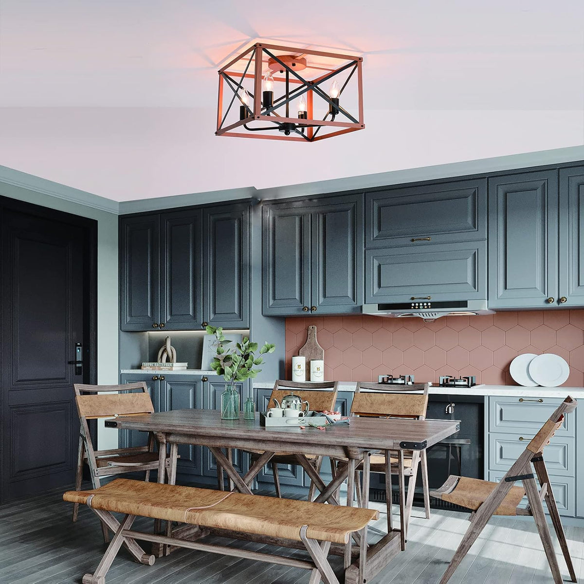 Retro Semi Flush Mount 4-Light Rectangle Wood Ceiling Light Fixture J903