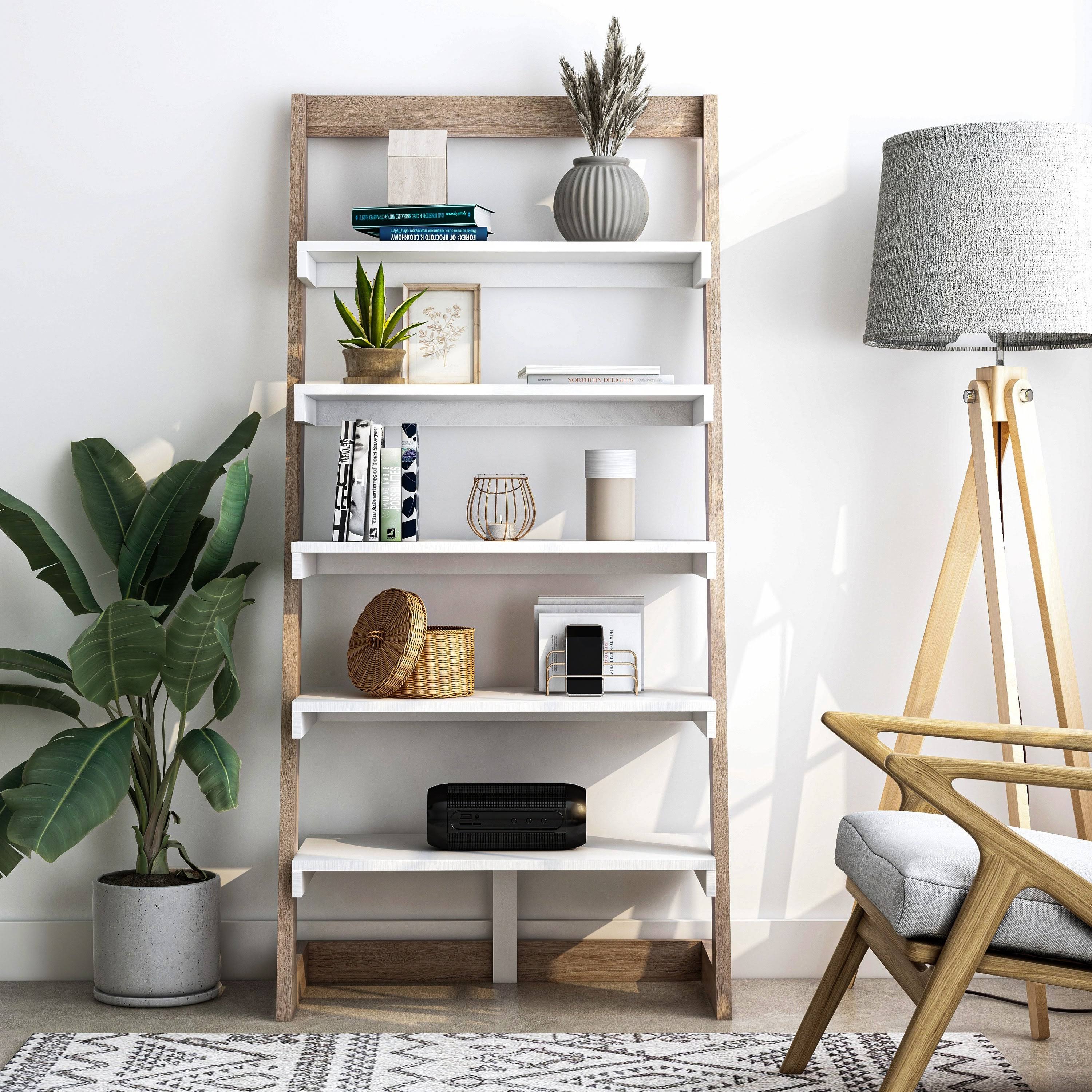 Distressed Grey 5-Shelf Leaning Bookcase H5514
