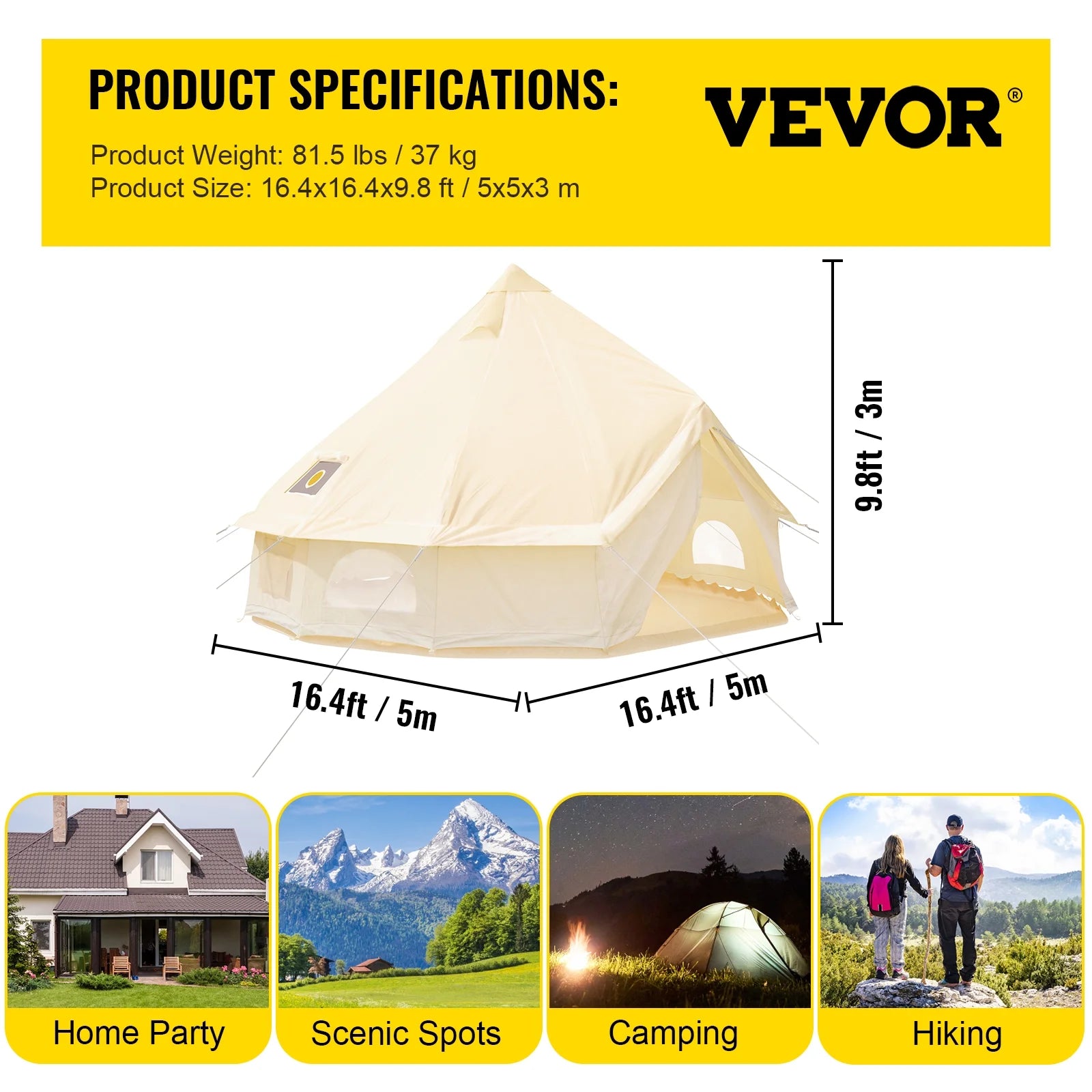 Canvas Bell Tent 16.4ft Cotton Canvas Tent with Wall Stove Jacket Waterproof Bell Tent D771089