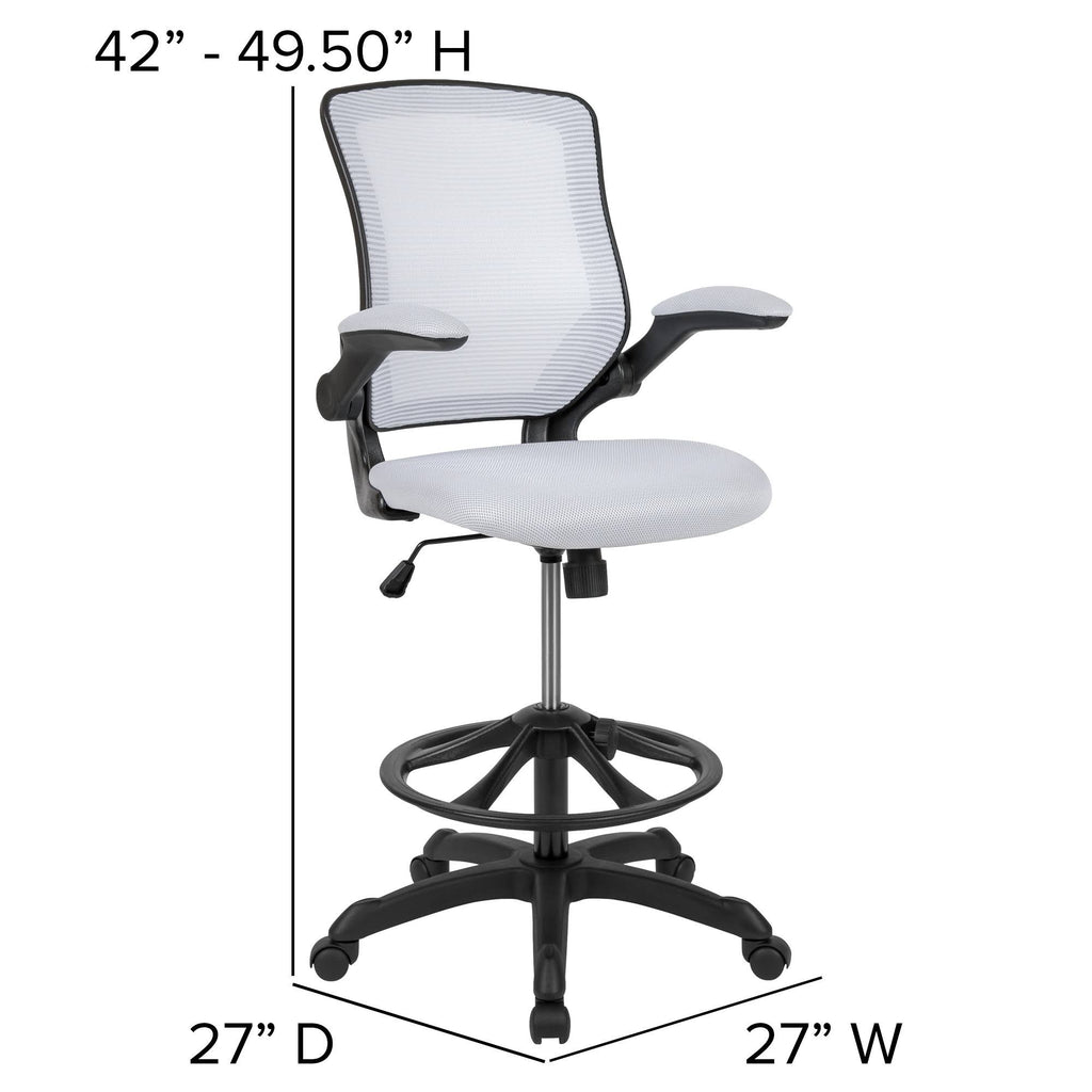 White Mesh Ergonomic Drafting Chair with Foot Ring and Flip-Up Arms P56858