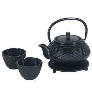 Cast Iron Tea Pot Tea Set Black with Trivet K4014