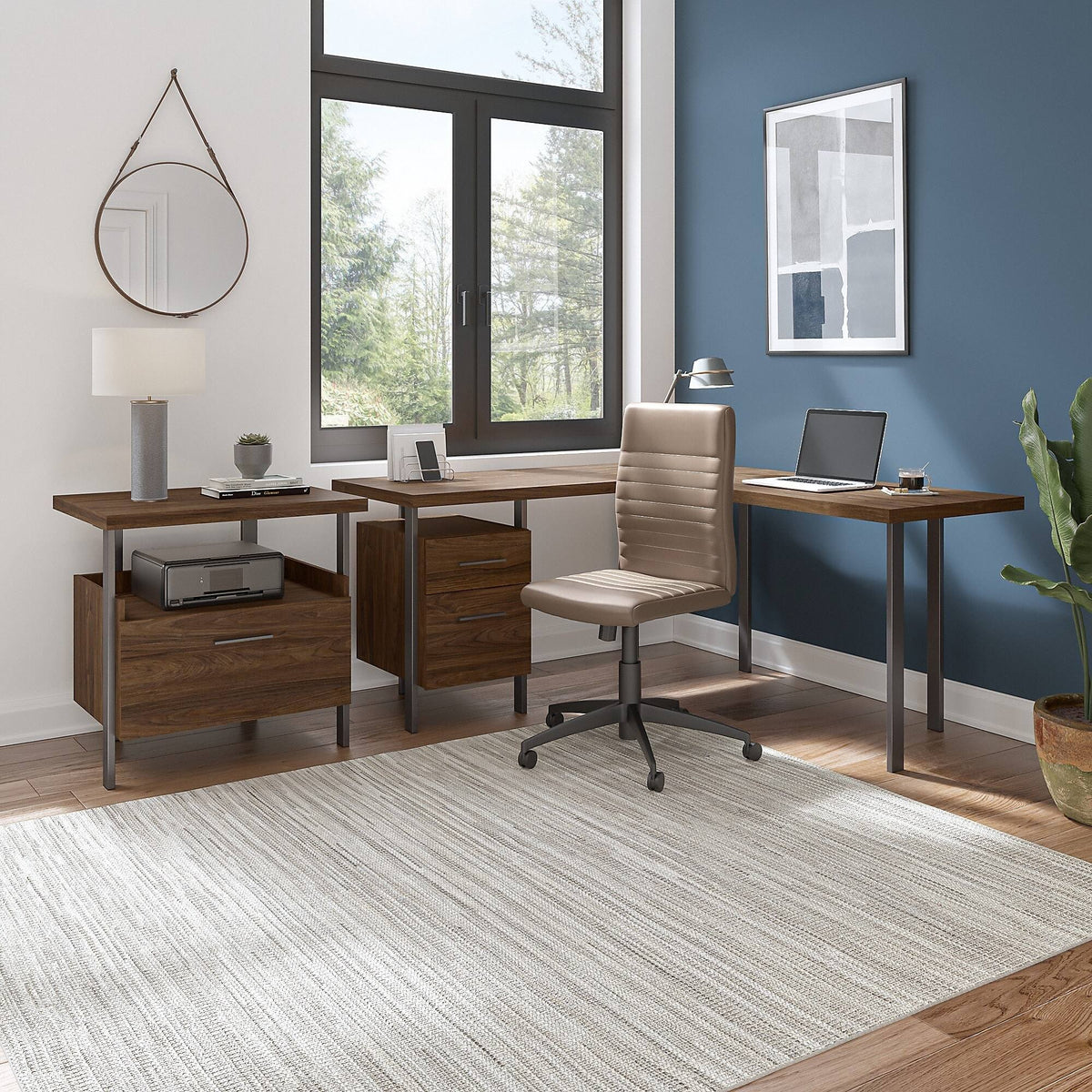 Walnut L-Shaped Desk with Lateral File Cabinet A425240