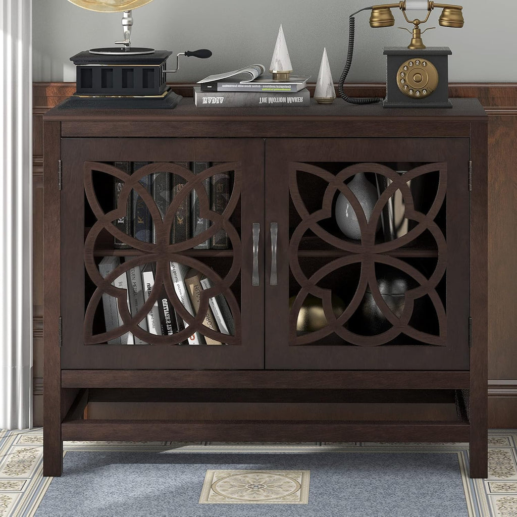 Black Accent Buffet Sideboard with Tempered Glass Console Table Sofa Table with Adjustable Shelves Cabinet G71711